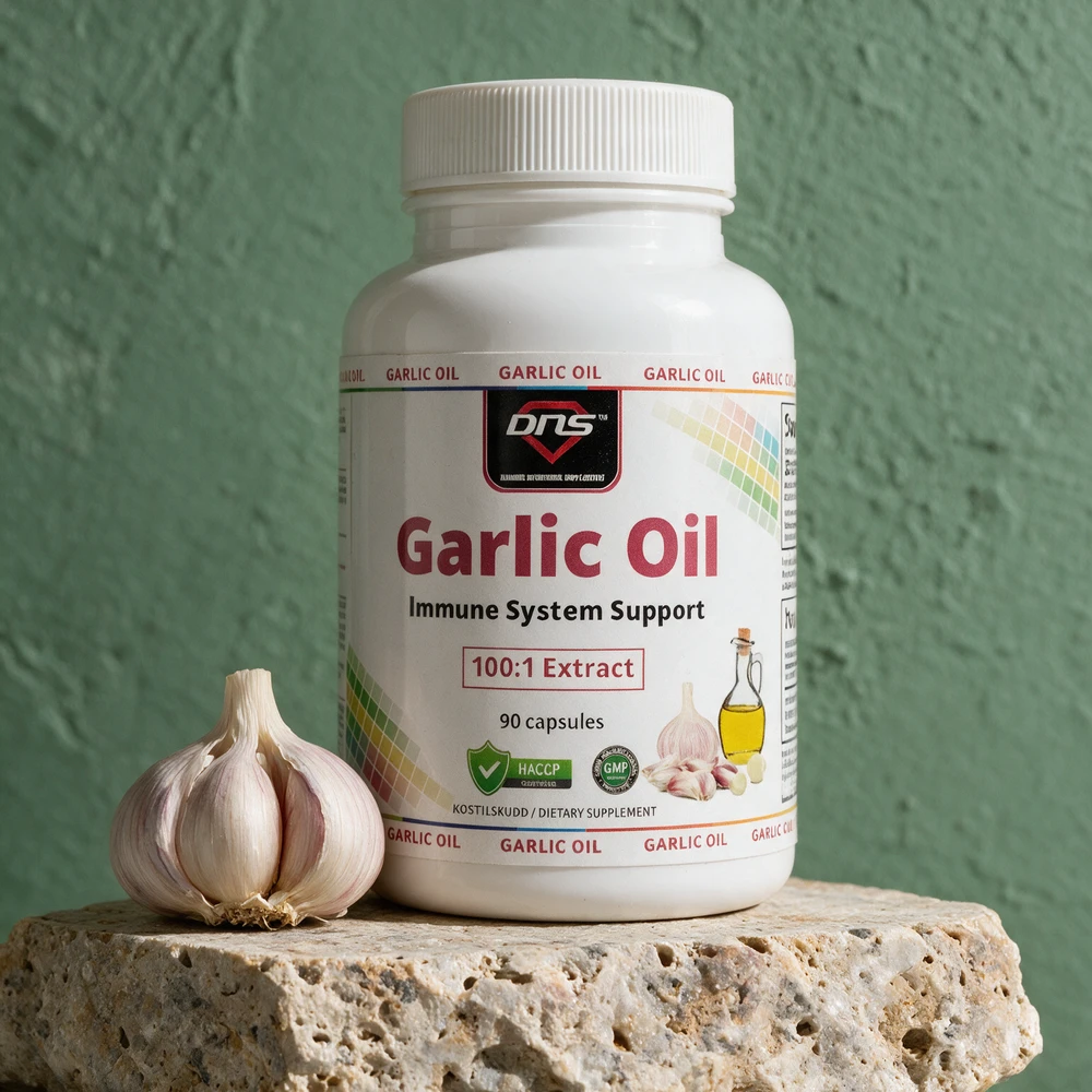 DNS Garlic Oil, boksen med 90 kapsler, ved en hel hvitløk