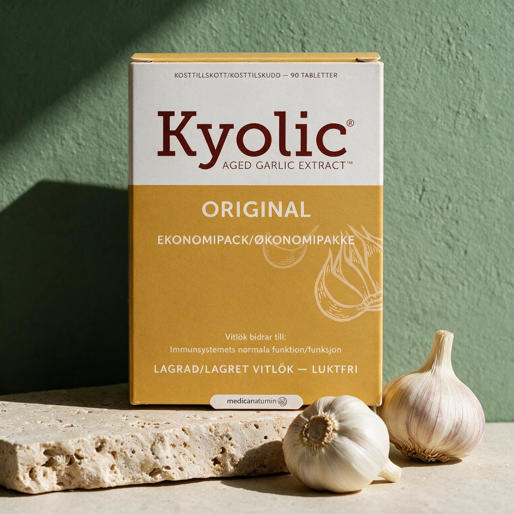 Kyolic Aged Garlic Extract Original, økonomipakken med 90 tabletter, ved to hele hvitløker