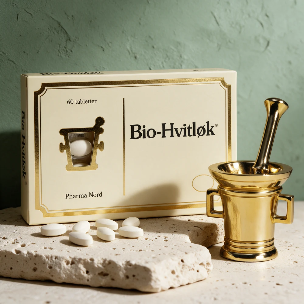 Pharma Nord Bio-Hvitløk med noen løse, hvite og ovale tabletter foran esken