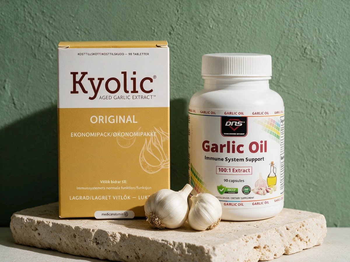 Kyolic Aged Garlic Extract Original og DNS Garlic Oil, lagret ekstrakt i tablett og hvitløk i olje