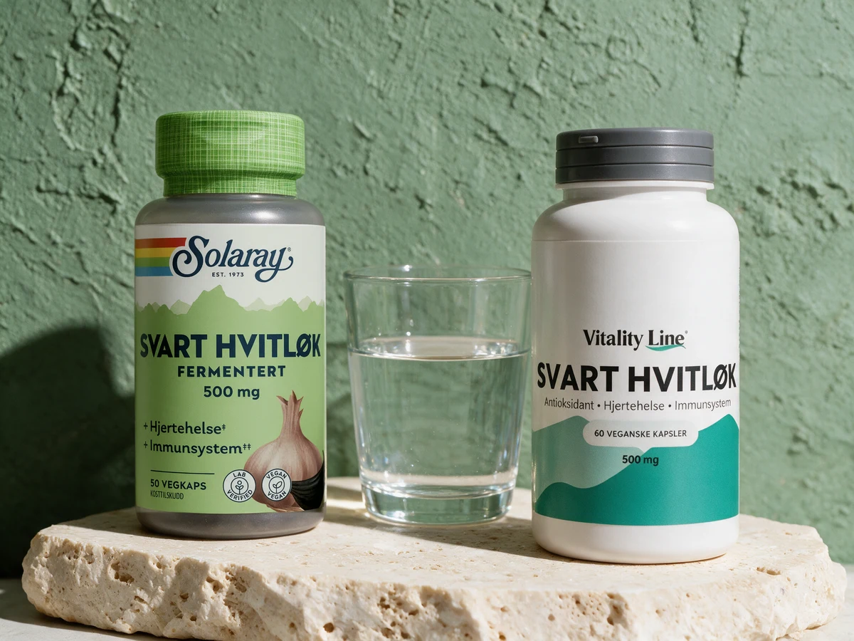 Solaray Svart Hvitløk med norsk etikett og Vitality Line Svart Hvitløk, svart hvitløk i to og én kapsel om dagen