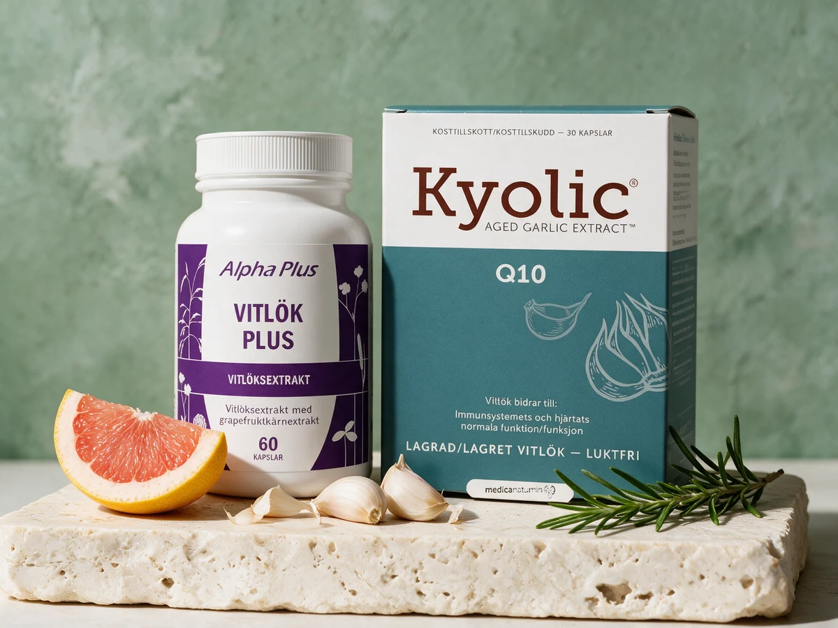 Alpha Plus Hvitløk plus og Kyolic Age + Q10, de to blandingene