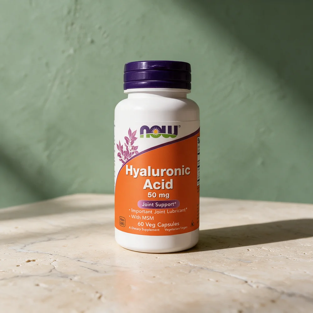 NOW Hyaluronic Acid 50 mg with MSM, flaske med 60 plantekapsler