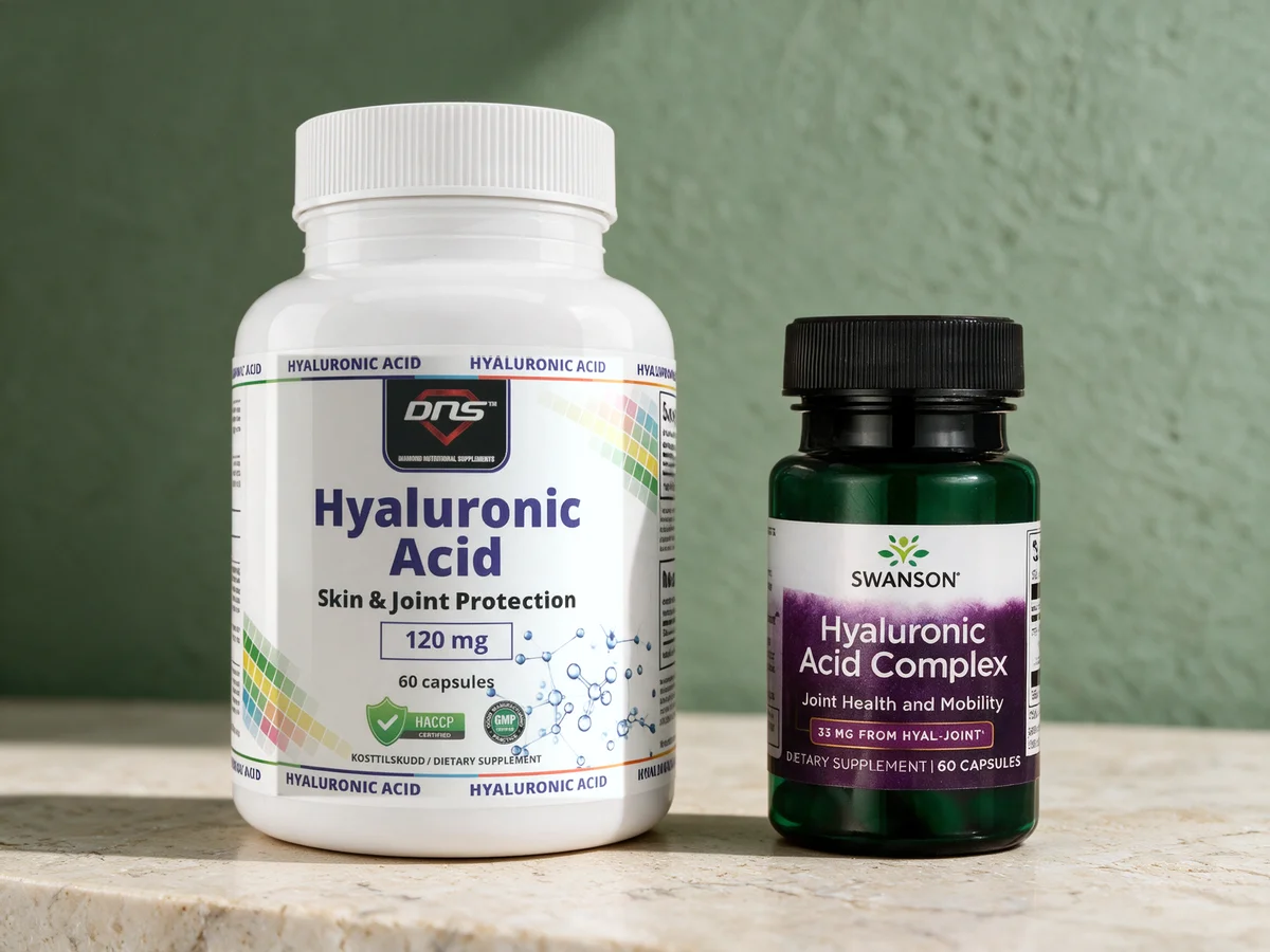 DNS Hyaluronic Acid merket 120 mg og Swanson Hyaluronic Acid Complex merket 33 mg from Hyal-Joint
