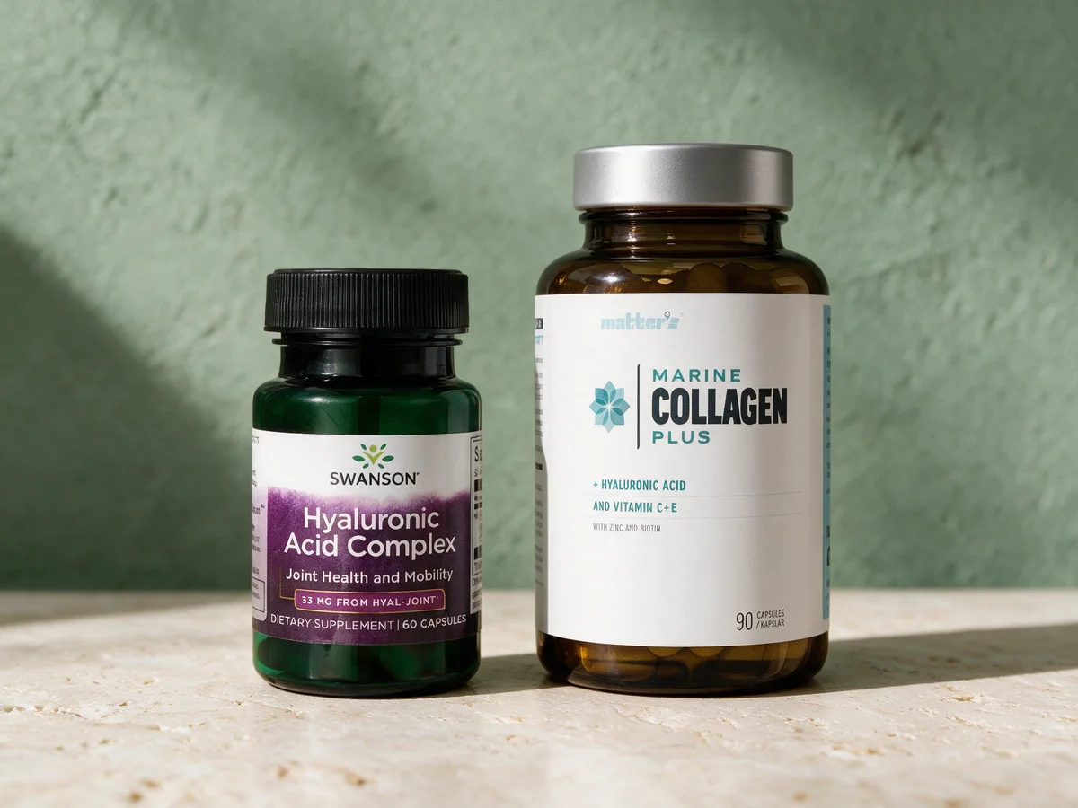 Swanson Hyaluronic Acid Complex med hyaluronsyre alene og Matters Marine Collagen Plus med kollagen og hyaluronsyre