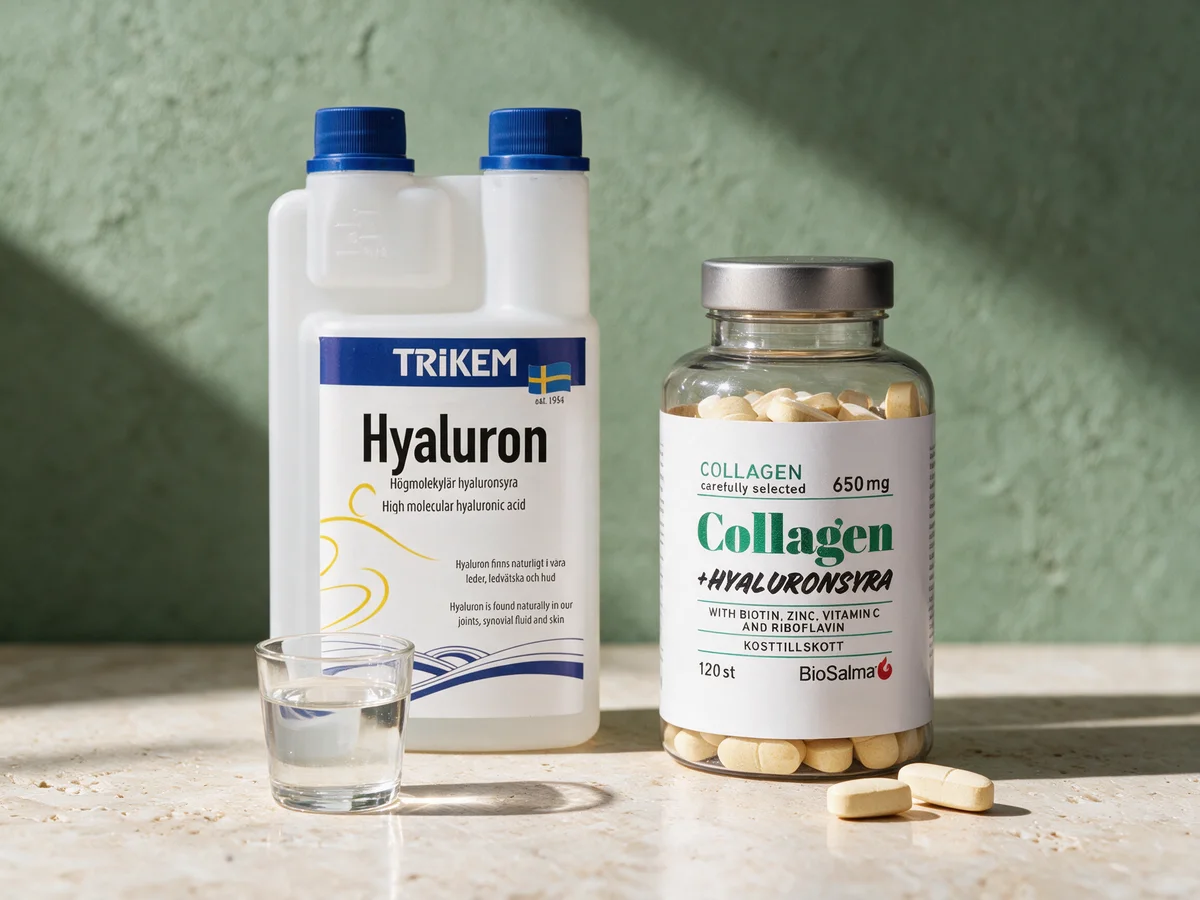 Trikem Hyaluron som væske og BioSalma Collagen + Hyaluronsyra som tabletter