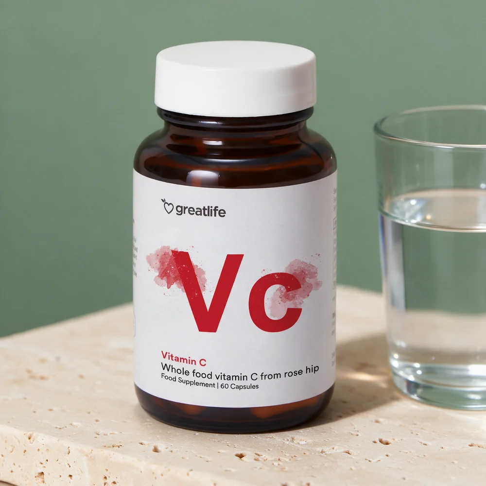Greatlife Vitamin C Wholefood i brunt glass med hvitt lokk, merket «Vitamin C» og «60 Capsules»