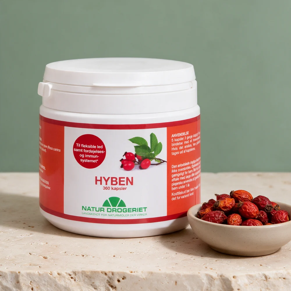 Natur-Drogeriet Hyben i bred, lav boks med lokk, merket «Hyben» og «360 kapsler»