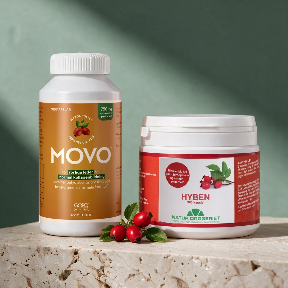 MOVO Nype i høy flaske, merket «750 mg», og Natur-Drogeriet Hyben i bred boks