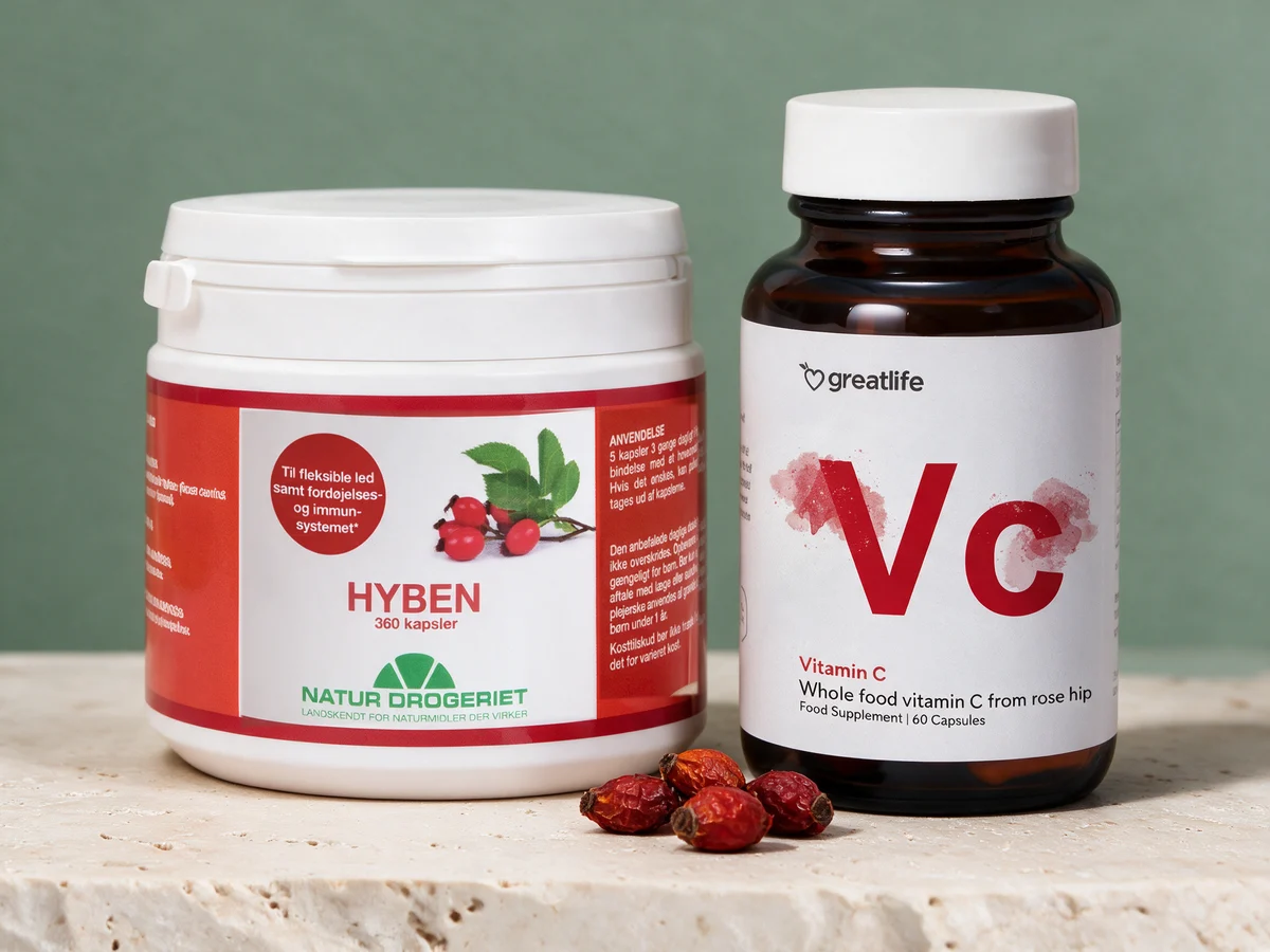 Natur-Drogeriet Hyben i bred boks og Greatlife Vitamin C Wholefood i brunt glass