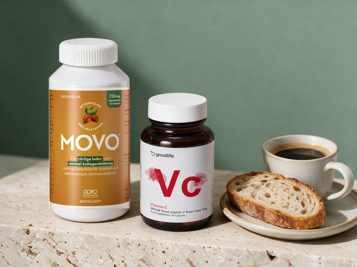 MOVO Nype i høy flaske og Greatlife Vitamin C Wholefood i brunt glass