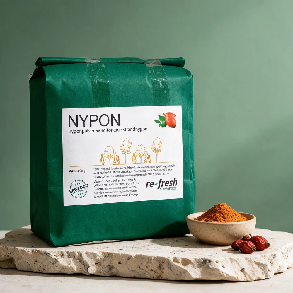 Re-Fresh Nype Superfood, teipet papirpose på 1 000 g med etiketten «NYPON», ved en liten skål fint malt pulver og tørkede nyper