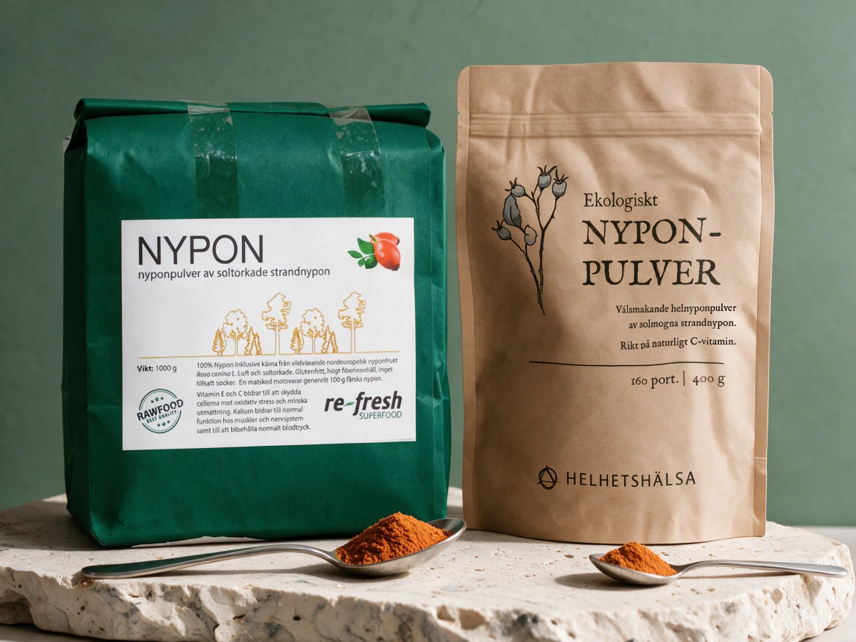Re-Fresh Nype Superfood, grønn papirpose på 1 000 g, og Helhetshälsa Nypepulver, kraftpapirpose på 400 g