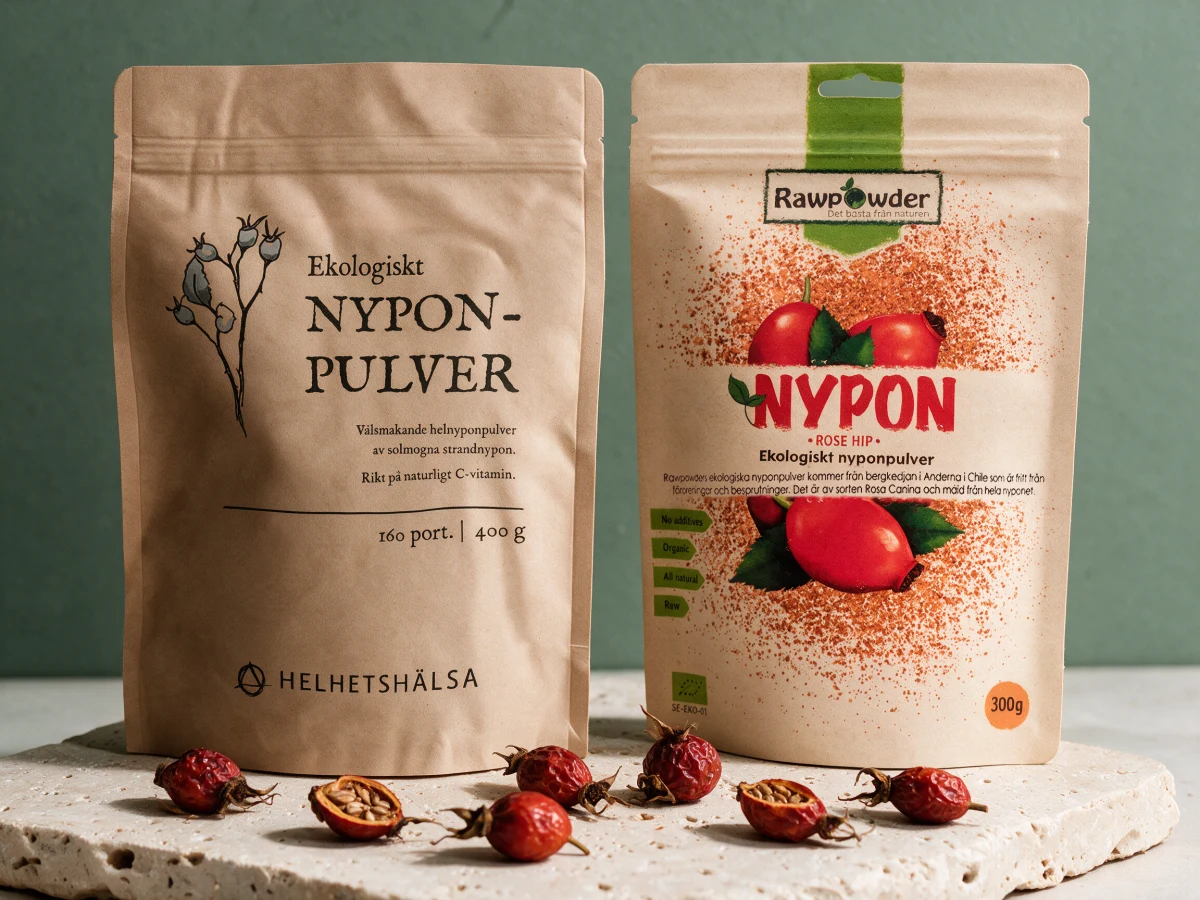 Helhetshälsa Nypepulver, kraftpapirpose på 400 g, og Rawpowder Nypepulver, kraftpapirpose på 300 g