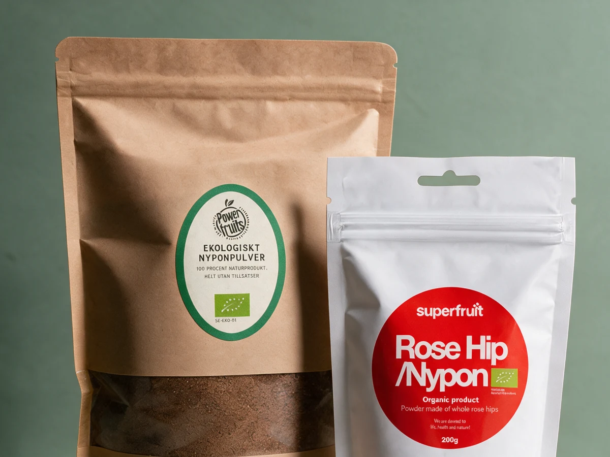 Powerfruits Nypepulver, kilopose i kraftpapir, og Superfruit Nypepulver, hvit pose på 200 g