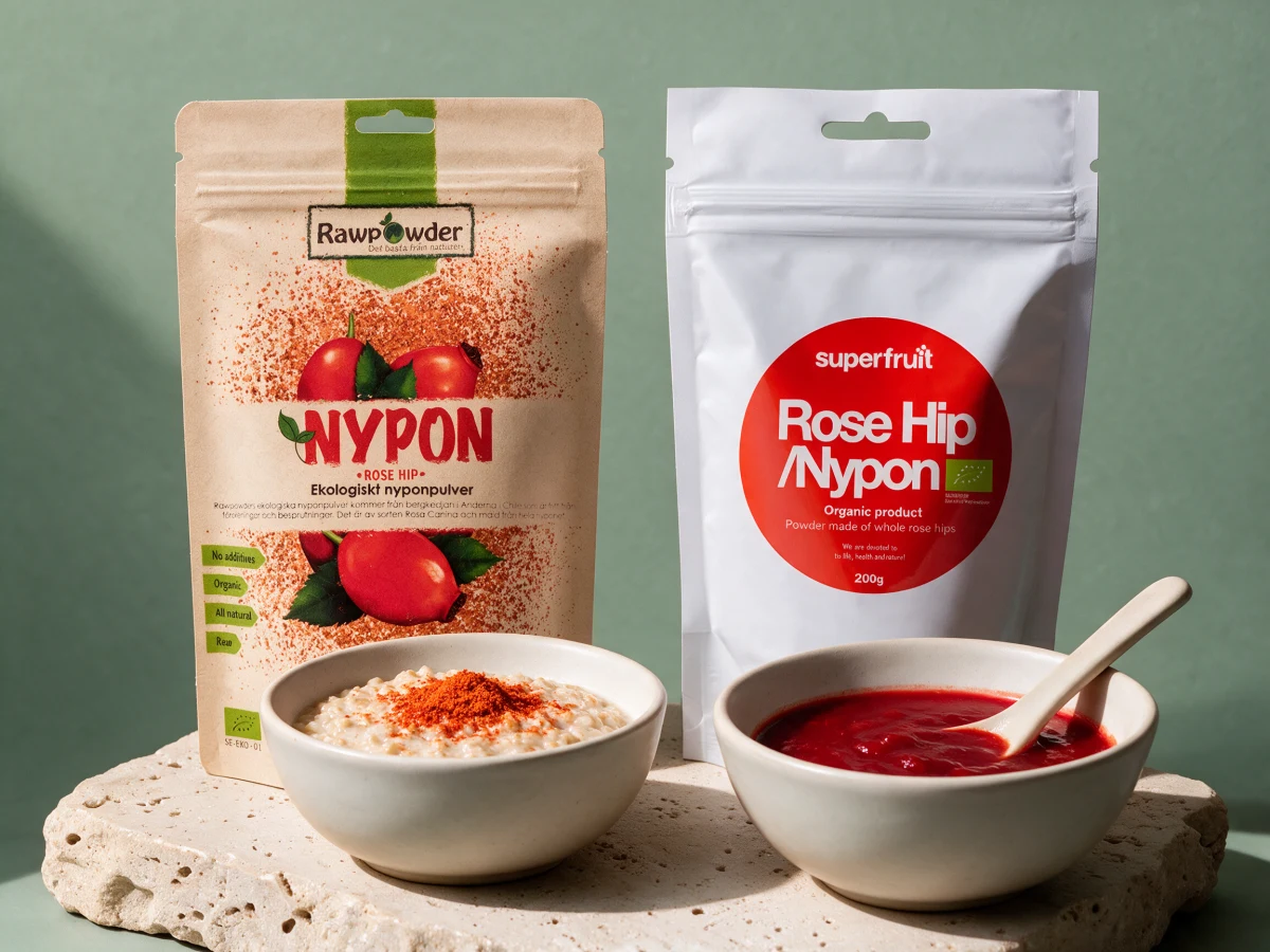 Rawpowder Nypepulver, kraftpapirpose på 300 g, og Superfruit Nypepulver, hvit pose på 200 g