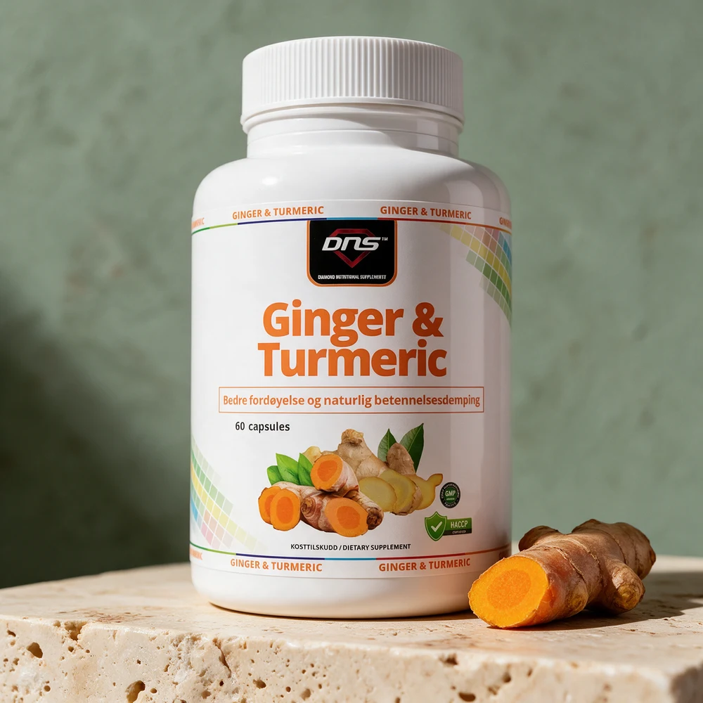 DNS Ginger & Turmeric, boks med 60 kapsler à 300 mg ingefærekstrakt og 300 mg gurkemeie