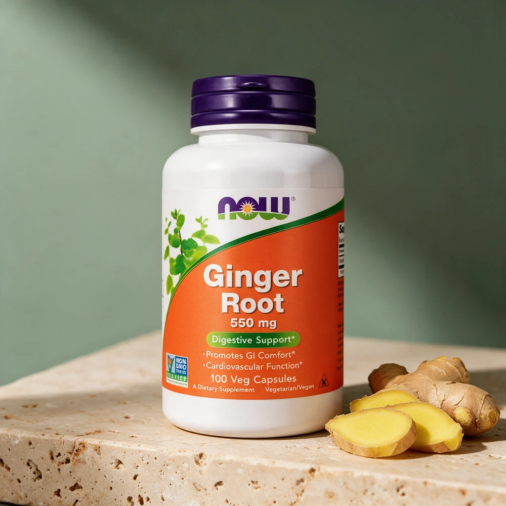 NOW Ginger Root, boks med 100 vegetabilske kapsler à 550 mg ingefærrot