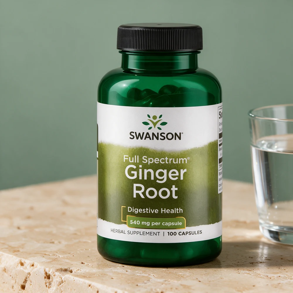 Swanson Ginger Root, boks med 100 gelatinkapsler à 540 mg malt rot