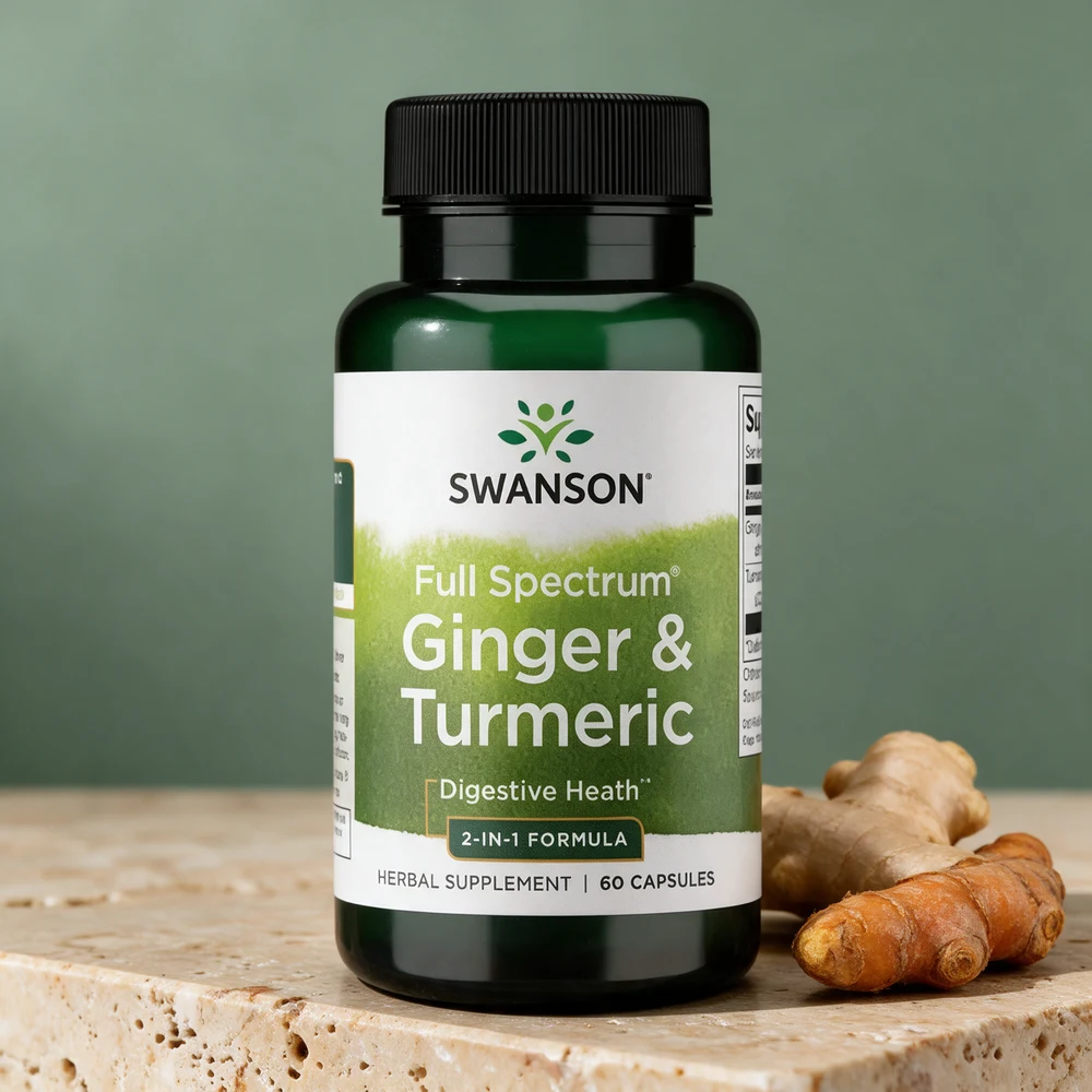 Swanson Ginger & Turmeric, boks med 60 gelatinkapsler à 300 mg ingefær og 300 mg gurkemeie