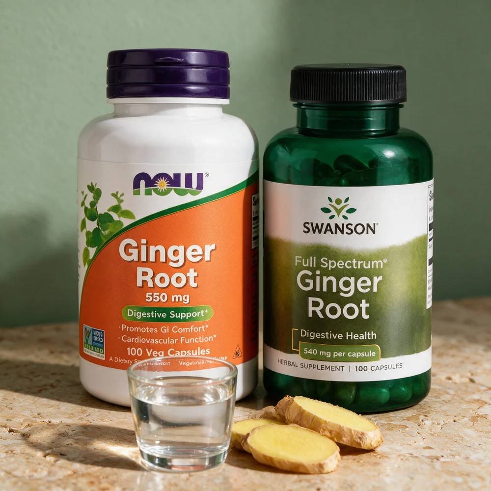 NOW Ginger Root og Swanson Ginger Root, rotkapsler med 550 mg og 540 mg malt ingefær