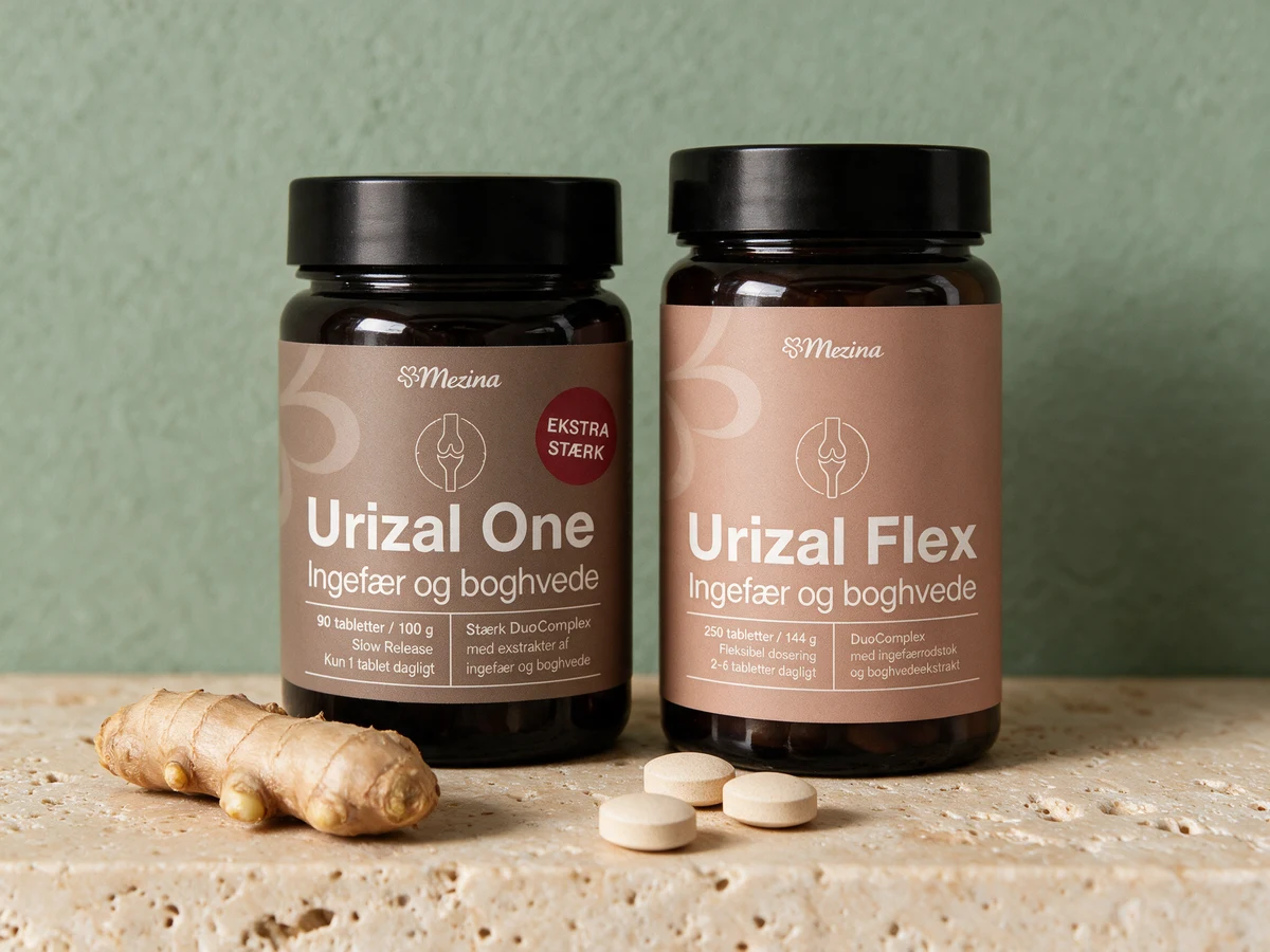 Urizal One og Urizal Flex, to brune glass med ingefær og bokhvete i tablett