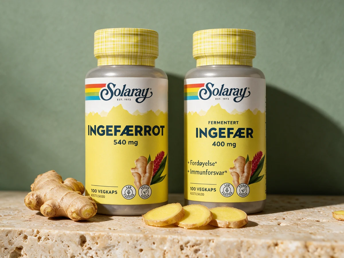 Solaray Ingefærrot med malt rot og Solaray Fermentert Ingefær, to kapselbokser fra samme produsent