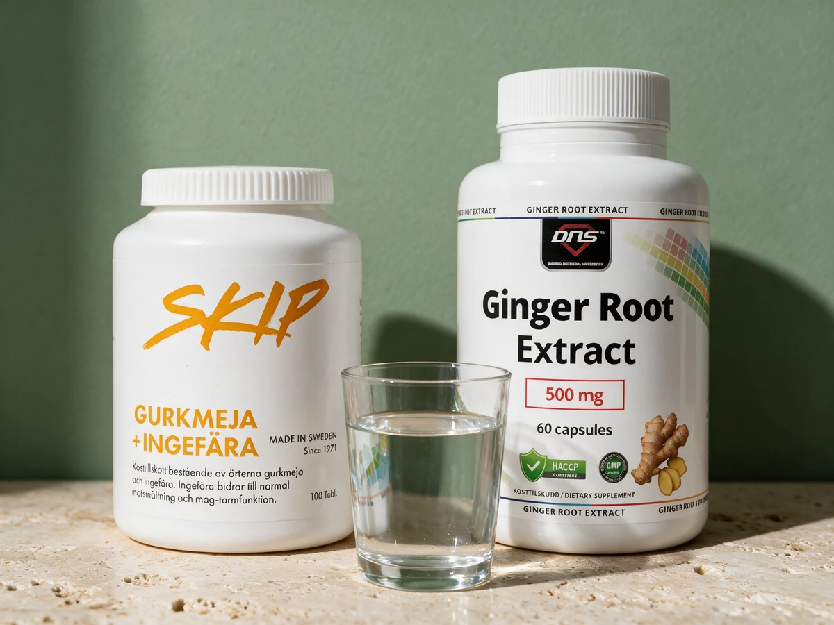 SKIP Gurkmeja + Ingefära og DNS Ginger Root Extract, tabletter og kapsler som begge tas med vann
