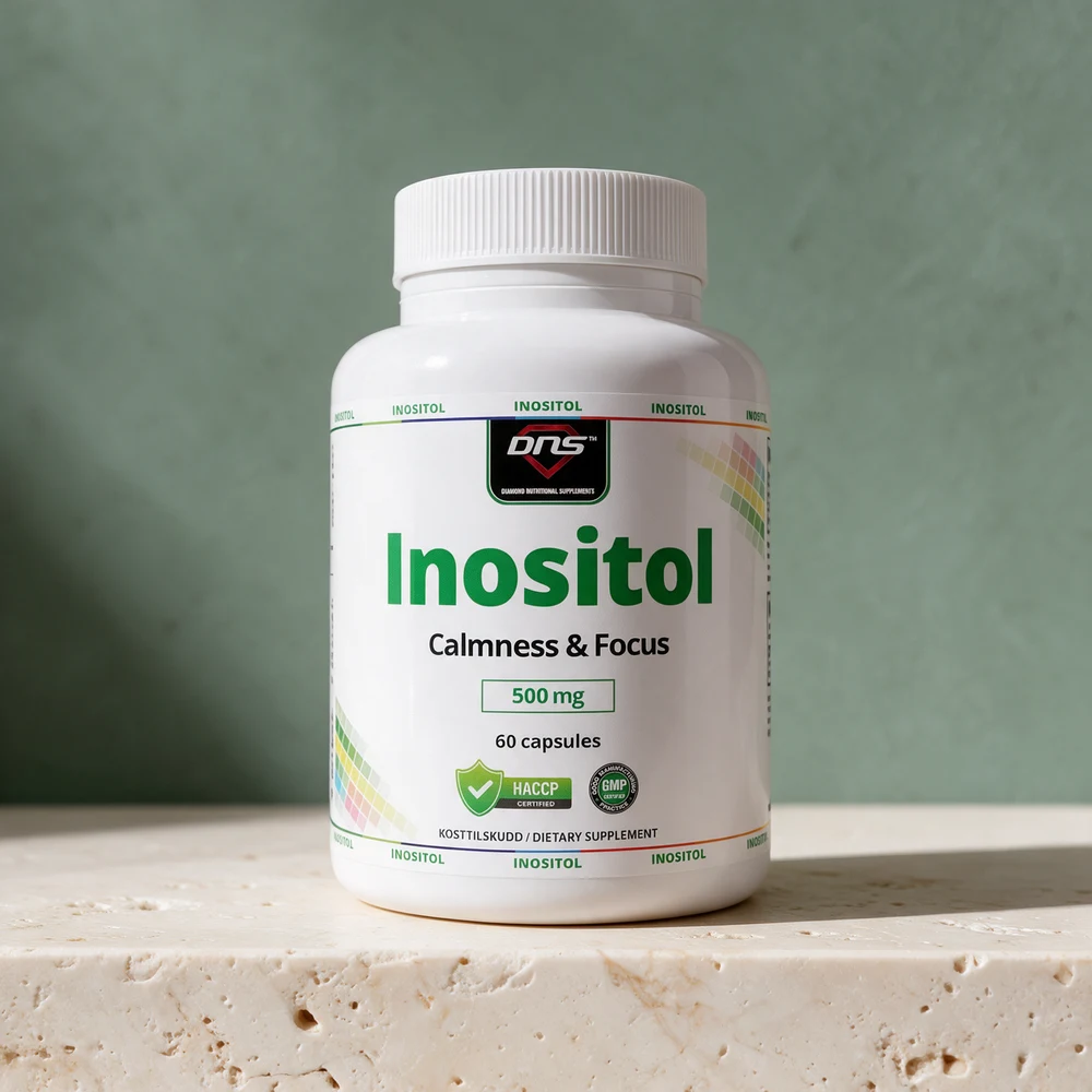 DNS Inositol 500 mg, hvit boks med grønn skrift og 60 capsules