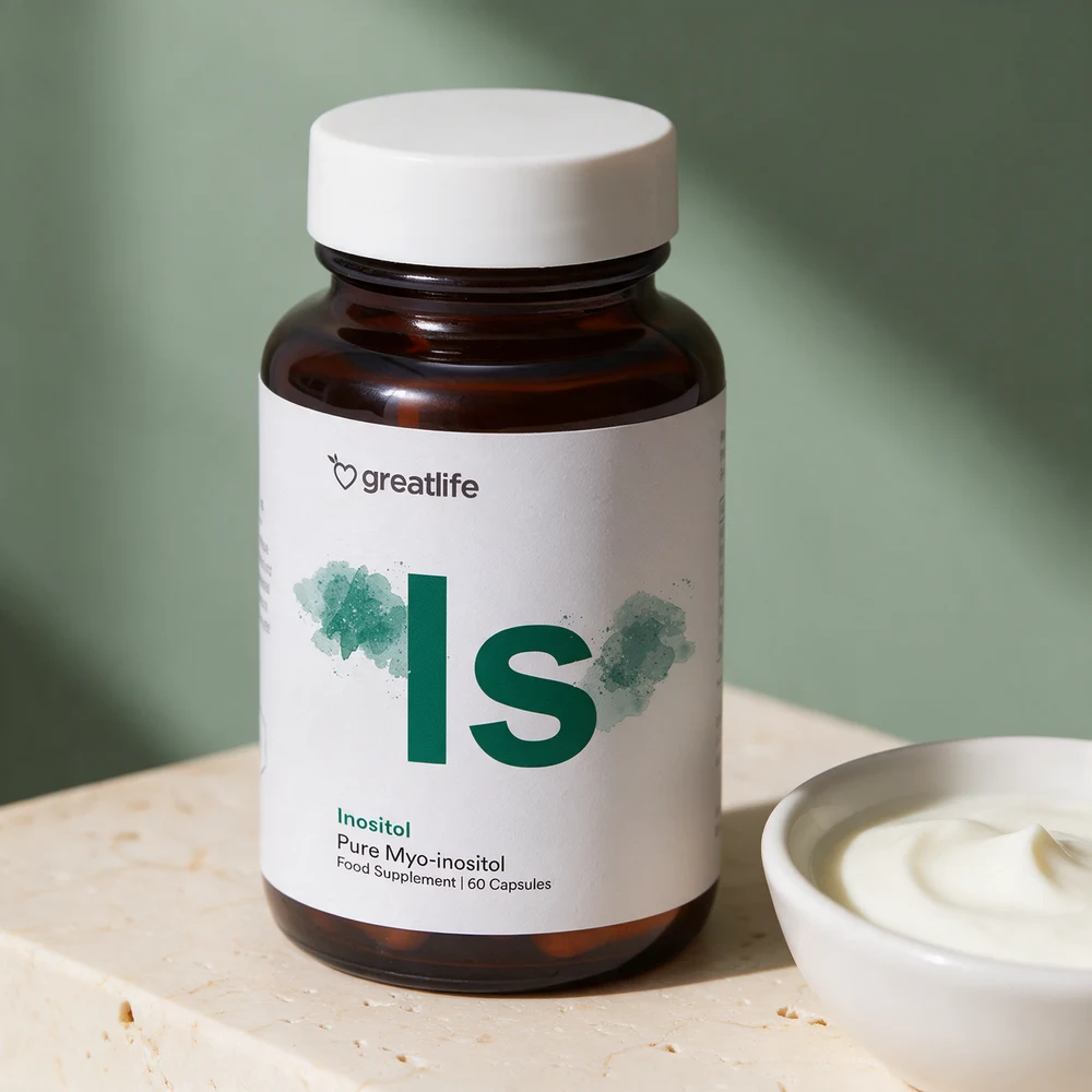 Greatlife Inositol, krukke i mørkt brunt glass med hvitt lokk og «Pure Myo-inositol», 60 capsules