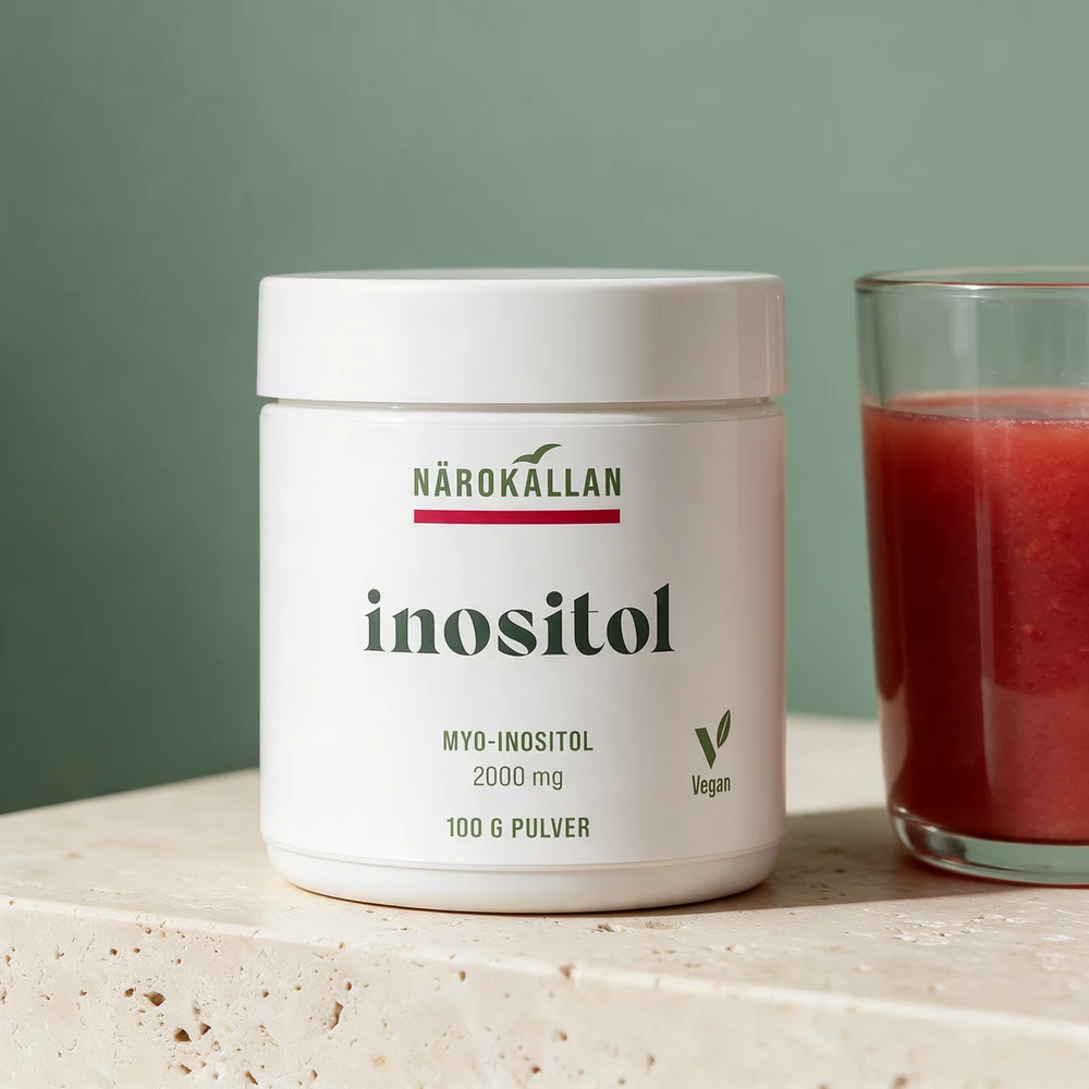 Närokällan Inositol, hvit boks med myo-inositol 2000 mg og 100 g pulver, merket vegansk