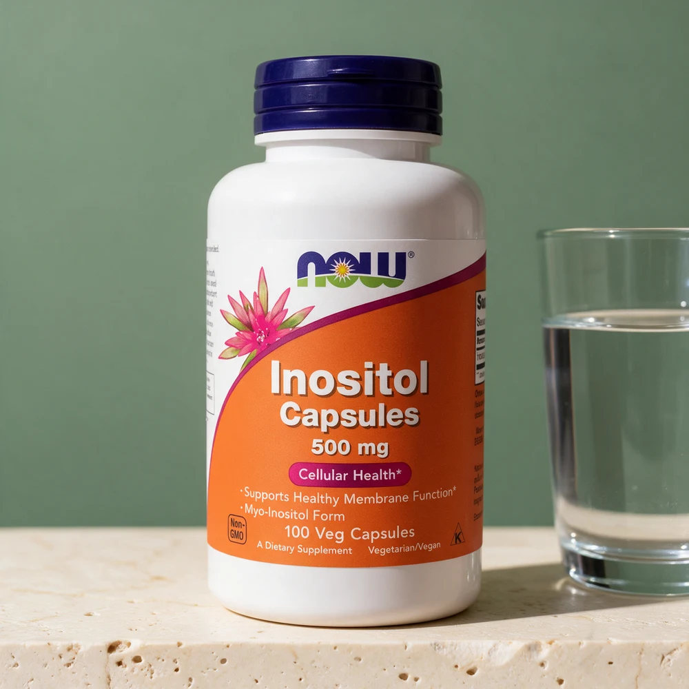 NOW Foods Inositol Capsules 500 mg, hvit boks med oransje etikett og «Myo-Inositol Form», 100 Veg Capsules