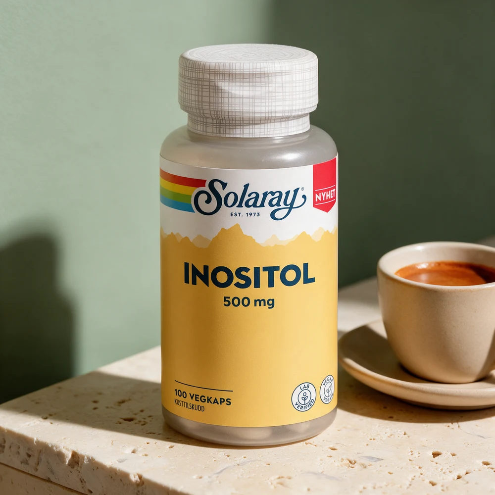 Solaray Inositol 500 mg, boks med 100 vegkaps og gul etikett