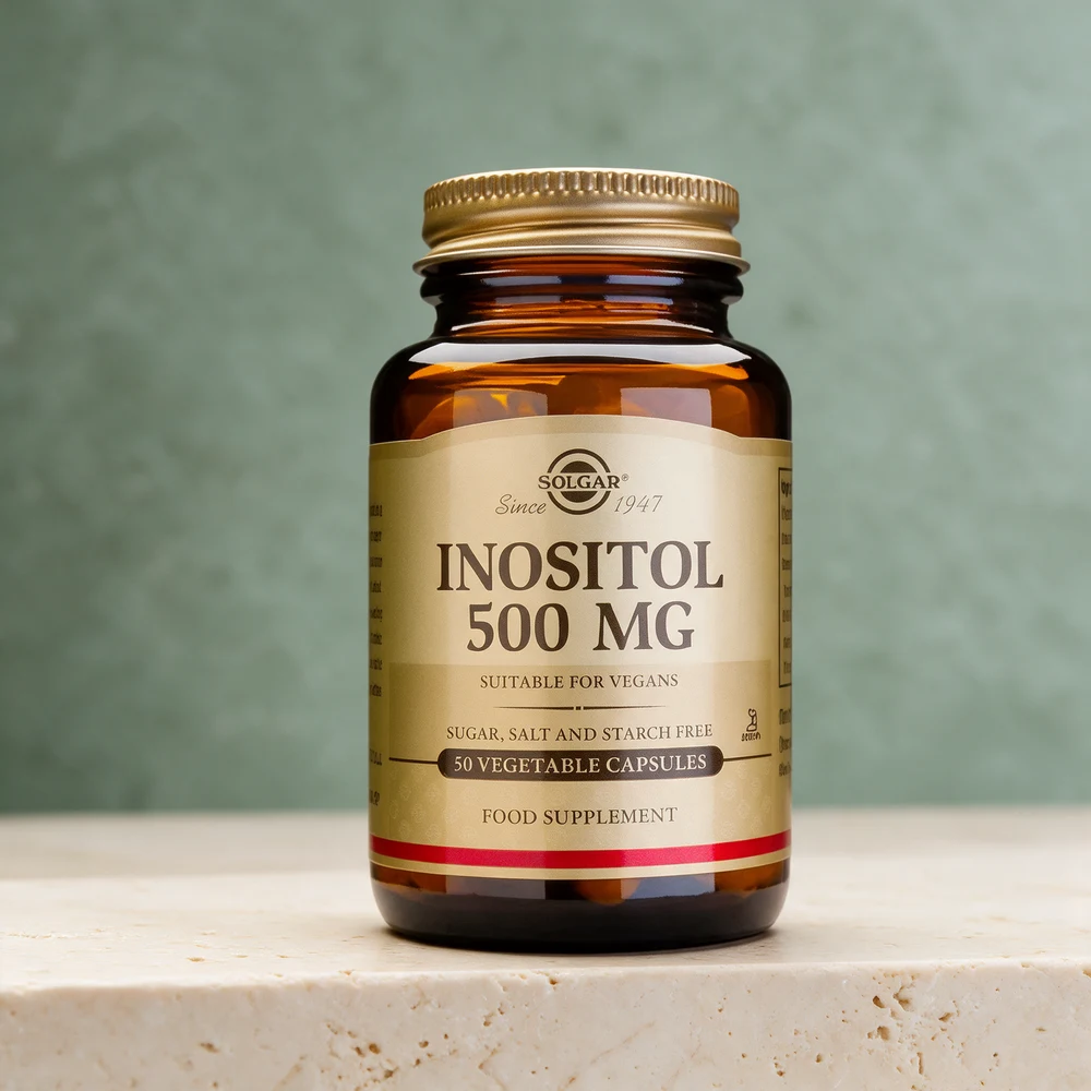 Solgar Inositol 500 mg, brun glassflaske med gylden etikett og metallokk, 50 vegetabilske kapsler