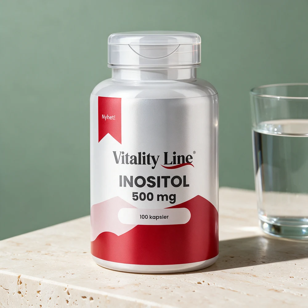 Vitality Line Inositol 500 mg, hvit boks med rød etikett og 100 kapsler