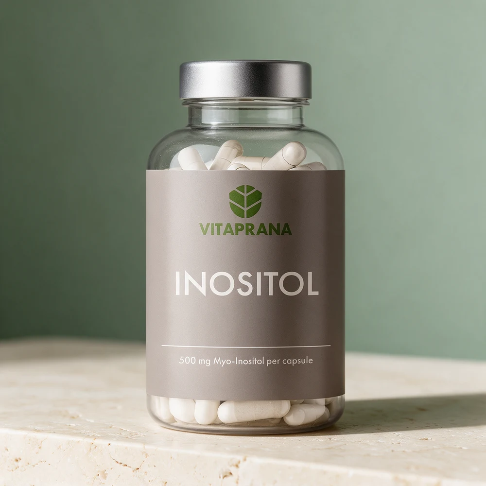 Vitaprana Inositol, klar flaske med hvite kapsler synlige og «500 mg Myo-Inositol per capsule» under navnet