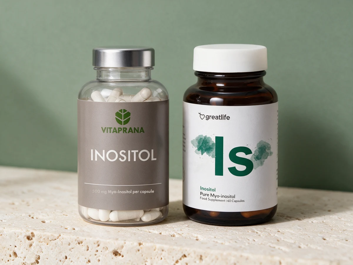 Vitaprana Inositol Kapsler i klar flaske med hvite kapsler og Greatlife Inositol i mørk glasskrukke