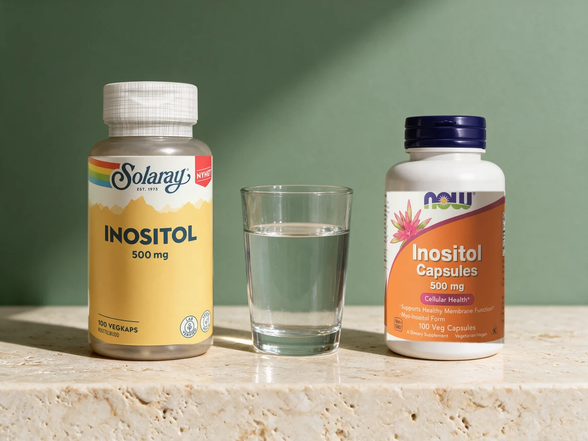Solaray Inositol i boks med gul etikett og NOW Foods Inositol i hvit flaske med oransje etikett, begge med 100 kapsler à 500 mg