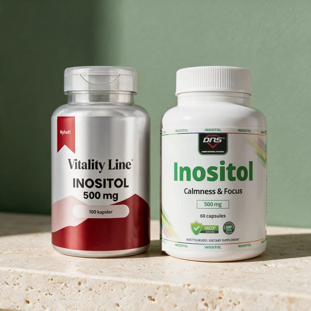 Vitality Line Inositol i hvit flaske med rød etikett og DNS Inositol i hvit boks med grønn skrift, to kapselbokser med 500 mg
