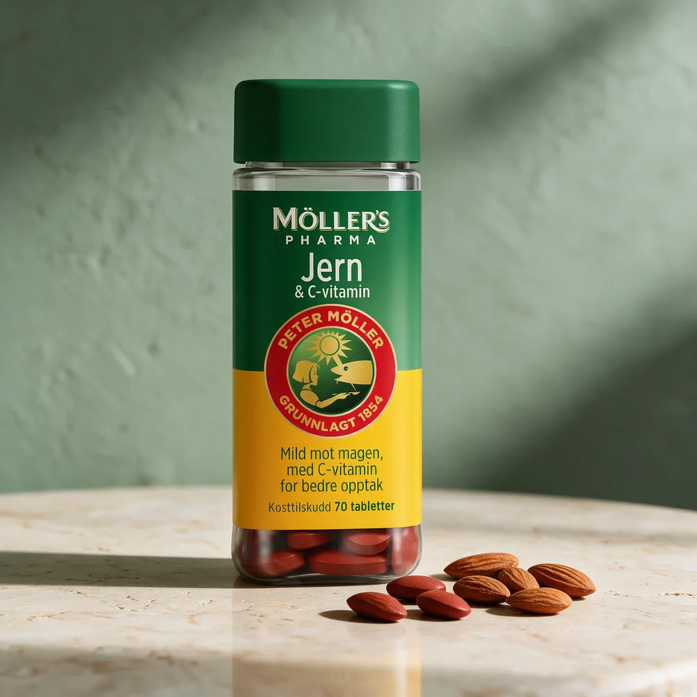 Møllers Pharma Jern & C-vitamin, gjennomsiktig boks med 70 avlange tabletter synlige i bunnen