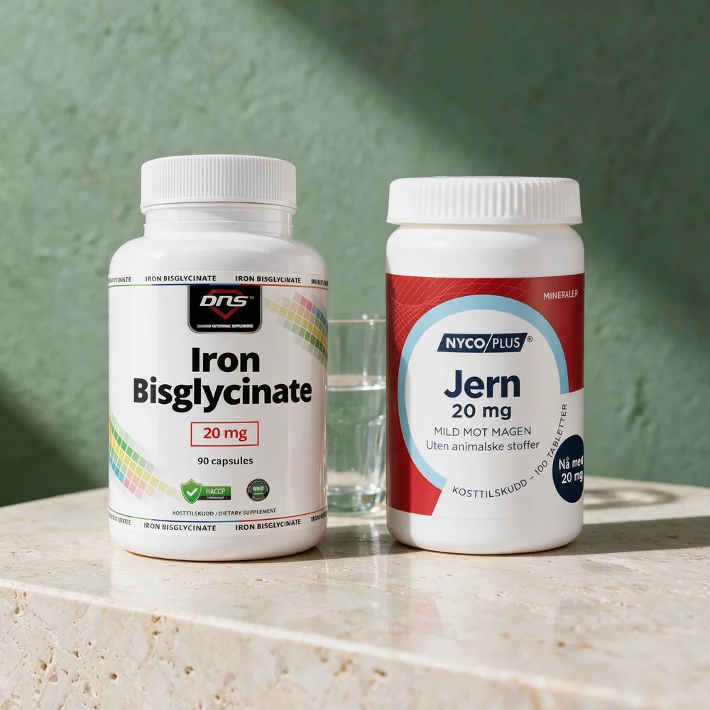 DNS Iron Bisglycinate, kapsler, og Nycoplus Jern, tabletter, begge merket 20 mg