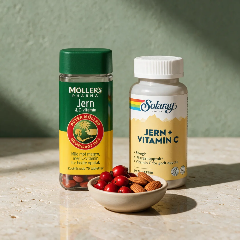 Møllers Pharma Jern og C-vitamin, 70 tabletter, og Solaray Jern + Vitamin C, 60 tabletter