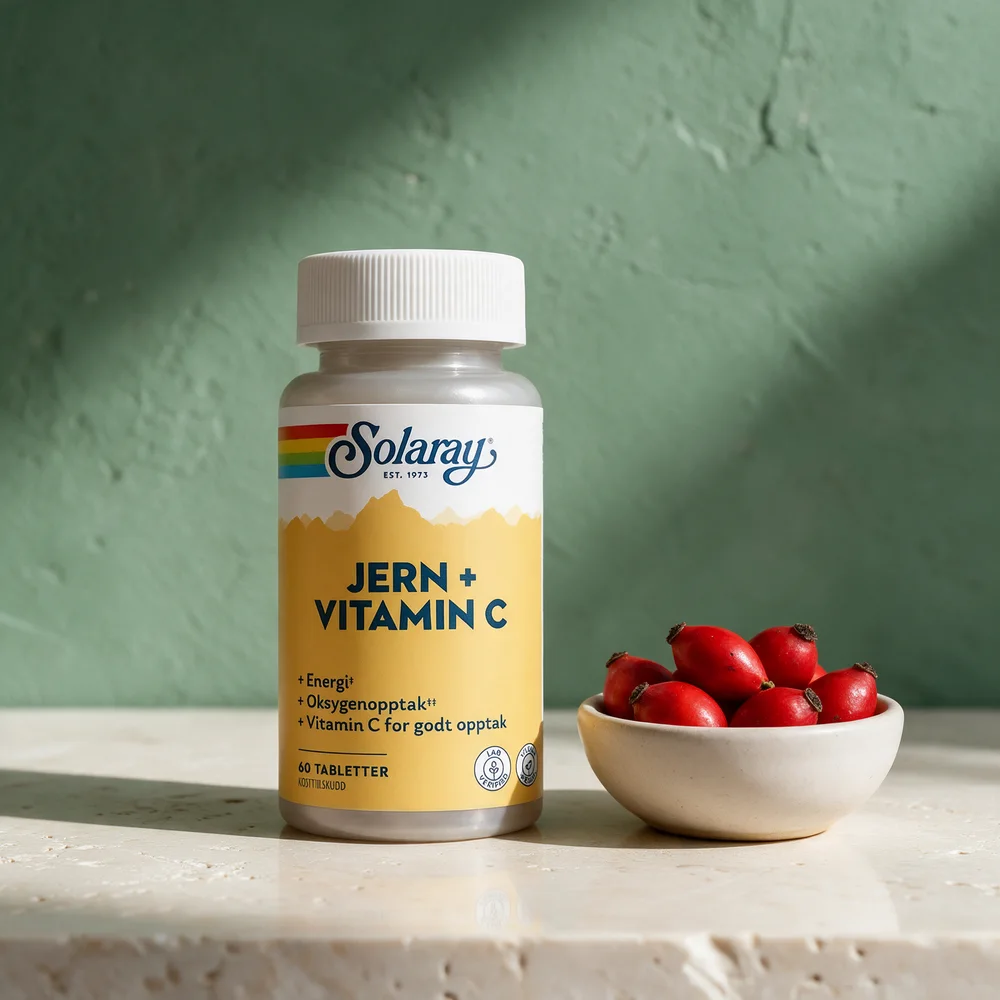 Solaray Jern + Vitamin C, boks med 60 tabletter, ved en skål nyper