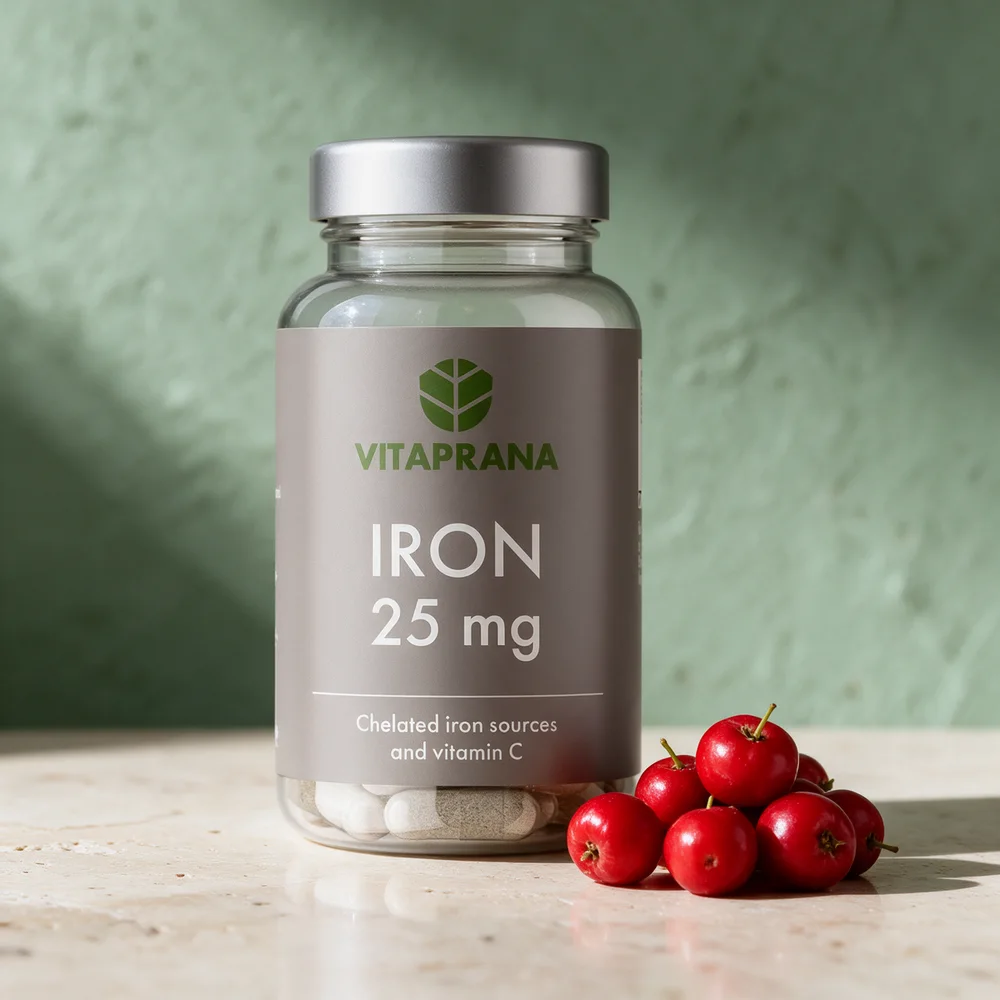 Vitaprana Iron 25 mg, gjennomsiktig boks med kapsler synlige i bunnen, og acerolabær