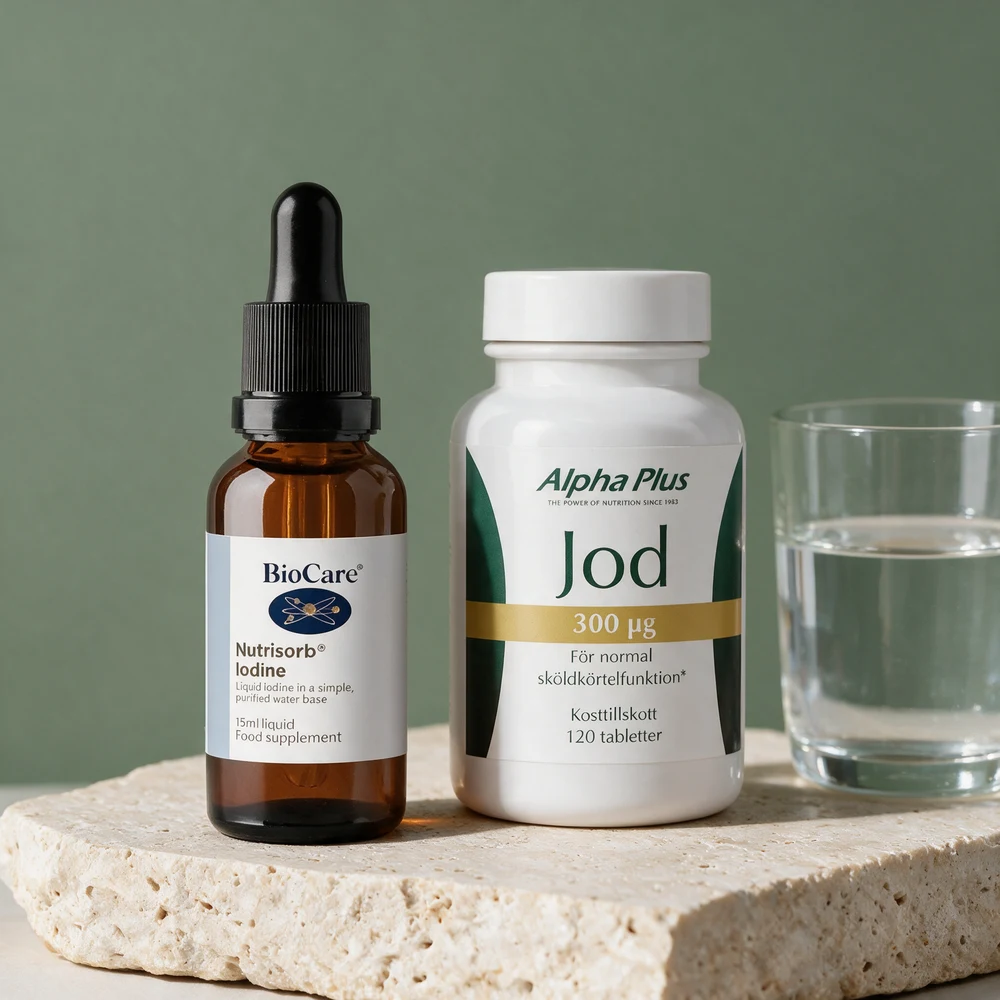 BioCare Nutrisorb Iodine dråpeflaske og Alpha Plus Jod 300 µg tablettboks