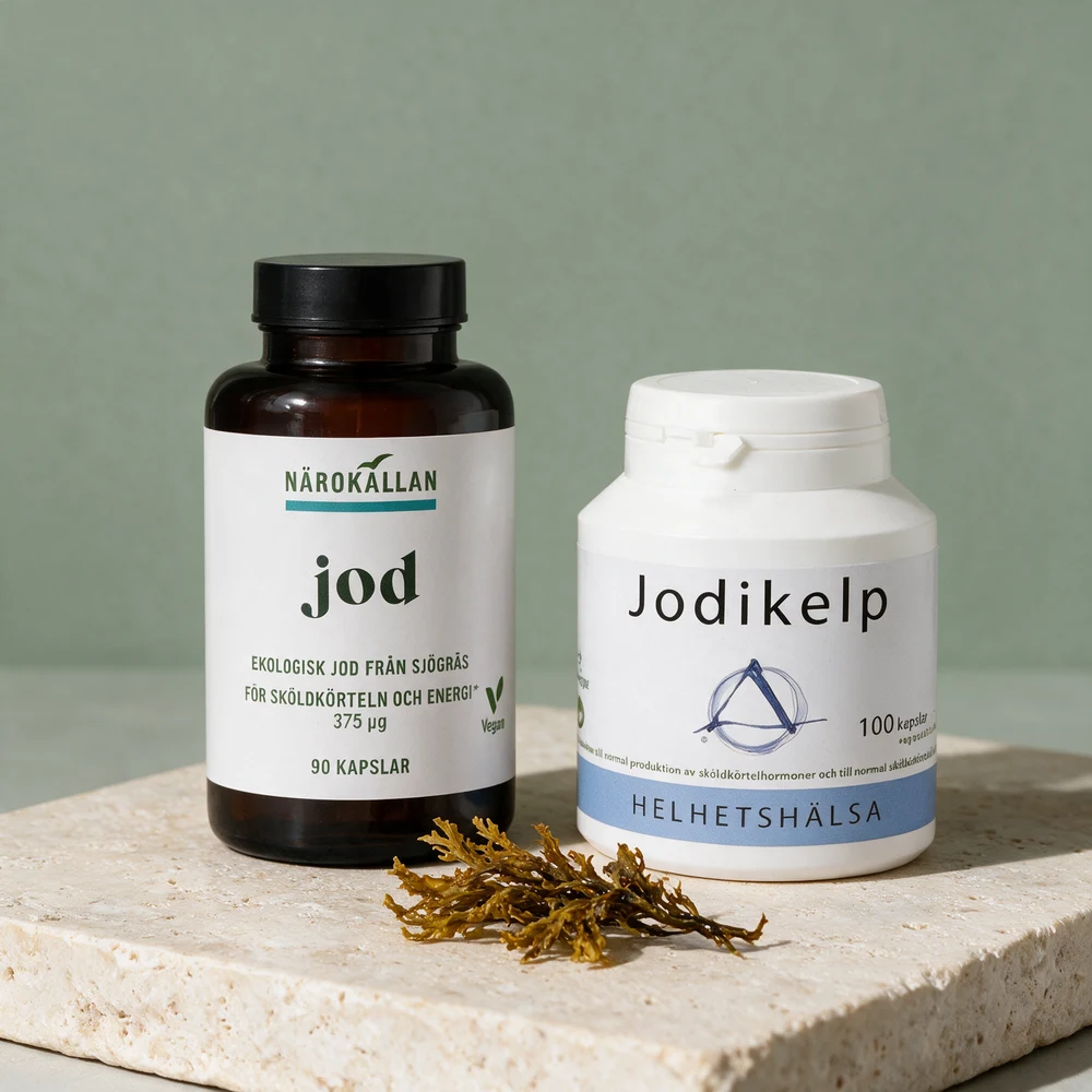 Närokällan Jod og Helhetshälsa Jodikelp, to kapselbokser med tang