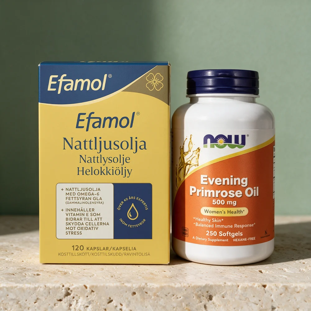 Efamol Nattlysolje med én kapsel som dagsdose og NOW Evening Primrose Oil 500 mg med tre