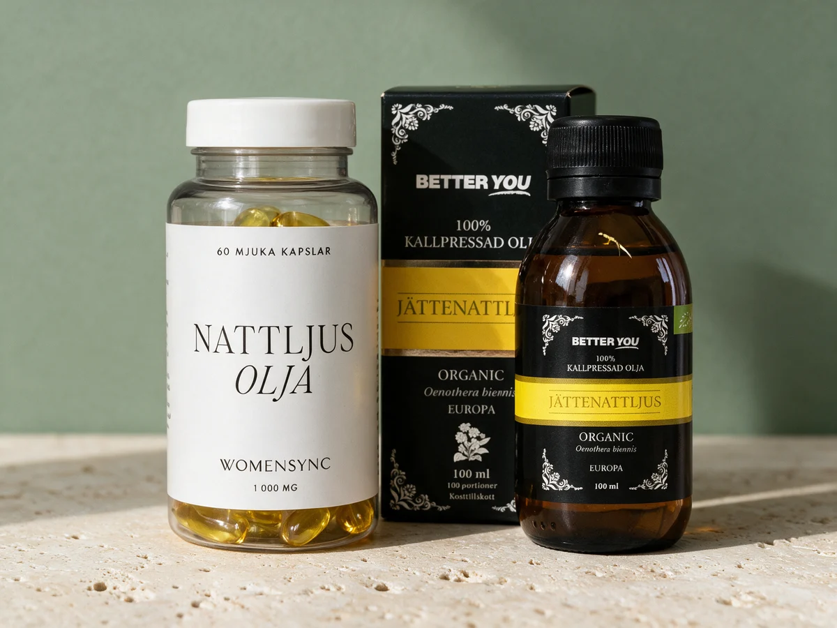 Womensync Nattlysolje som kapsel og Better You Kjempenattlysolje som olje på flaske, begge med 90 mg GLA per dose
