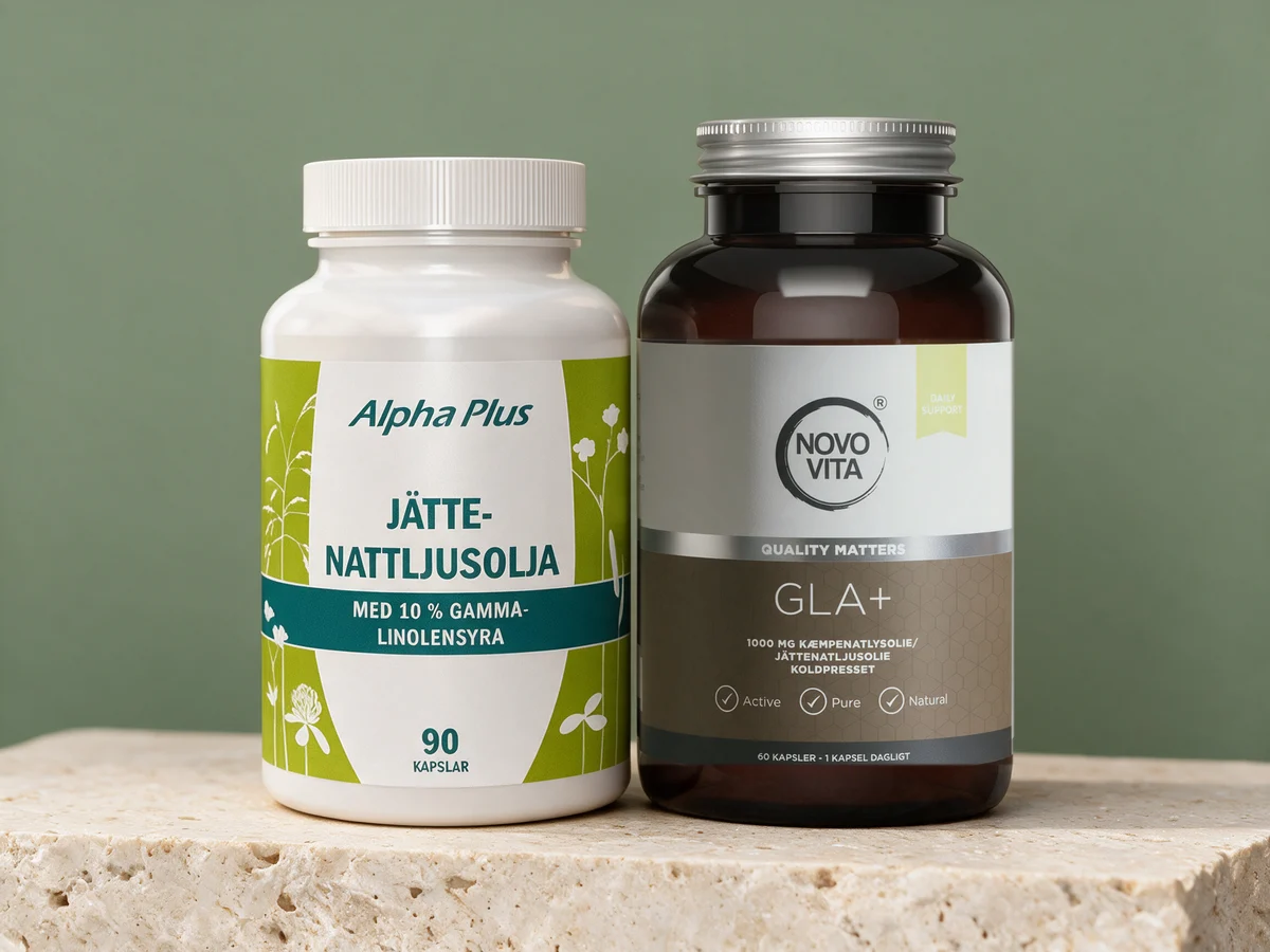 Alpha Plus Kjempenattlysolje med plantekapsel og Novo Vita GLA+ med gelatinkapsel, begge med 100 mg GLA om dagen