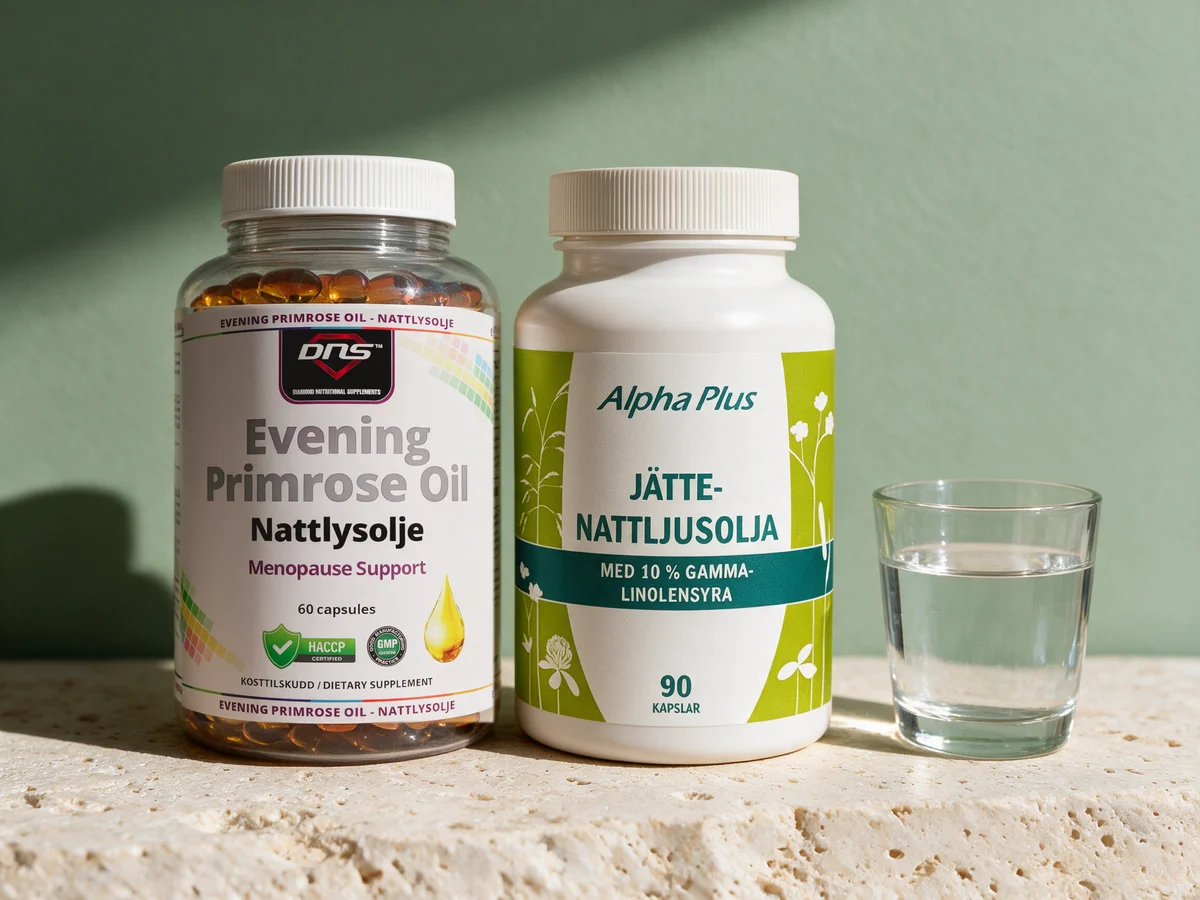 DNS Evening Primrose Oil og Alpha Plus Kjempenattlysolje, begge med to kapsler per dose